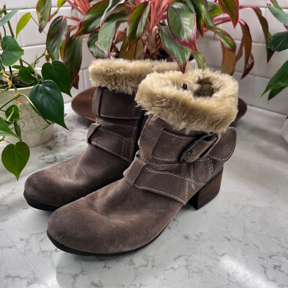 Josef Seibel Womens Brown Suede Faux Fur Ankle Boots Size 40 Buckle Strap Zip Up